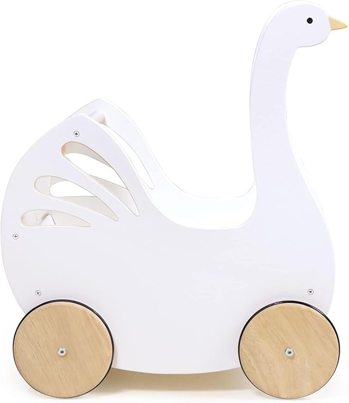 Tender Leaf Toys - Sweet Swan Pram - Wooden Swan Shape Dolls Stroller - Inspired Role-Play Toy for Boys and Girls, Improve Gross Motor Skills and Creativity - Age 18m +