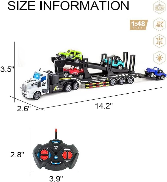 Remote Control Car Transporter Truck Includes 4 Cars - 14" 1:48 Mini RC Toy Semi Truck Trailer with 2pcs Rechargeable Batteries, Carrier Car Truck Vehicle with Lights, Great Gift for Kids Boys Girls