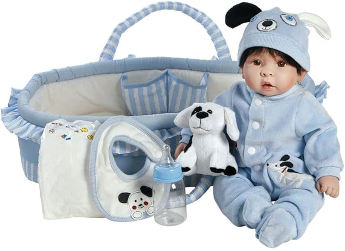 Paradise Galleries 17 Inch Realistic Reborn Baby Boy Doll with Plush Pup and Bassinet Gift Set for Kids and Adults – Finn & Sparky