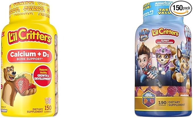 L’il Critters Calcium + D3 Daily Gummy Supplement for Kids, for Bone Support, Orange, Strawberry & Paw Patrol Gummy Vites Daily Gummy Multivitamin for Kids, Vitamin C, D3 for Immune Support Cherry