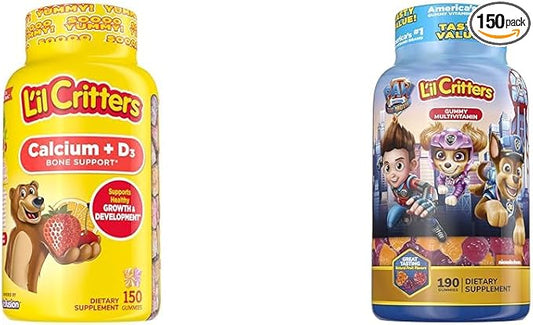 L’il Critters Calcium + D3 Daily Gummy Supplement for Kids, for Bone Support, Orange, Strawberry & Paw Patrol Gummy Vites Daily Gummy Multivitamin for Kids, Vitamin C, D3 for Immune Support Cherry