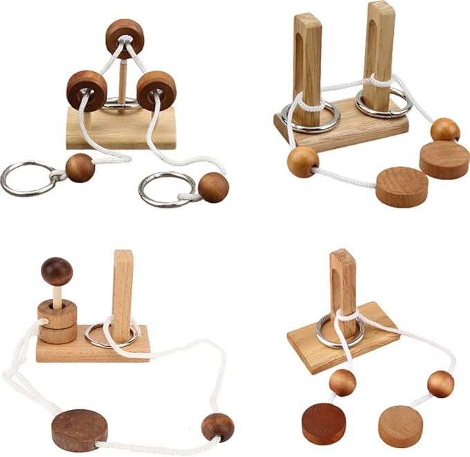 Brain Teaser Puzzle Wooden Threading Rope Loop Puzzle Luban Lock Brain Teaser Game Adult Kids Toy Puzzles for Adults (4)