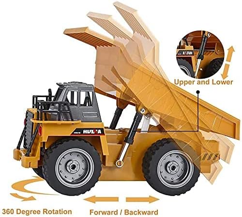 Remote Control Construction Dump Truck Toy 2.4G RC 6 Channel Bulldozer 4 Wheel Driver Mine Construction Alloy Metal Vehicle Truck 1:18 with 2 Rechargeable Batteries for Boys Birthday Xmas Gift