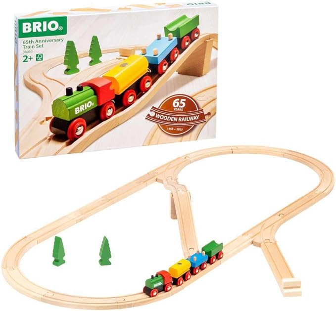 BRIO Classic 65th Anniversary Wooden Train Set - 32-Piece FSC-Certified Wood Train Set - Includes Wooden Trains, Wagons, Bridge & Tracks - Compatible Classic - Kids Ages 2 & Up
