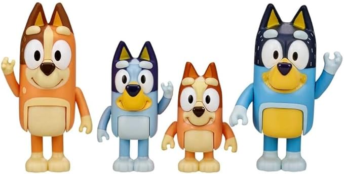 Bluey Family Figure 4-Pack – Includes Bluey, Bingo, Mum (Chilli) & Dad (Bandit), Poseable Collectible Toys for Kids, Durable Cake Toppers, for Toddlers & Fans, Ages 3+