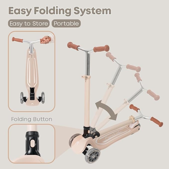 MomnLittle Kick Scooter for Kids Ages 3-10 (Beige/Pink/Navy/White) 3 Wheeled with LED Light-Up Wheels CPSC Certified Foldable and 4 Height Adjustable Toddler Scooters for Boys Girls