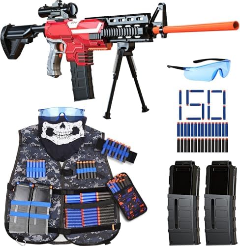 Toy Gun Automatic Sniper Rifle -3 Modes Toy Foam Blasters with Tactical Vest, Bipod, 2 Clips and 150 Darts, Electric Toys for Adults Boys Age 8-12 Gifts for Birthday Xmas