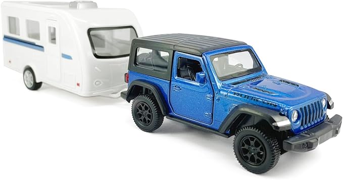 2 Doors Wrangler Rubicon SUV Model Car Trailer Towing Toy Camper RV Motorhome Toys for Boys, Doors Open, 1/36 Scale Diecast Metal Toy Cars, 3 4 5 6 7 Year Old Kids Gifts Cake Topper Home Office Decor