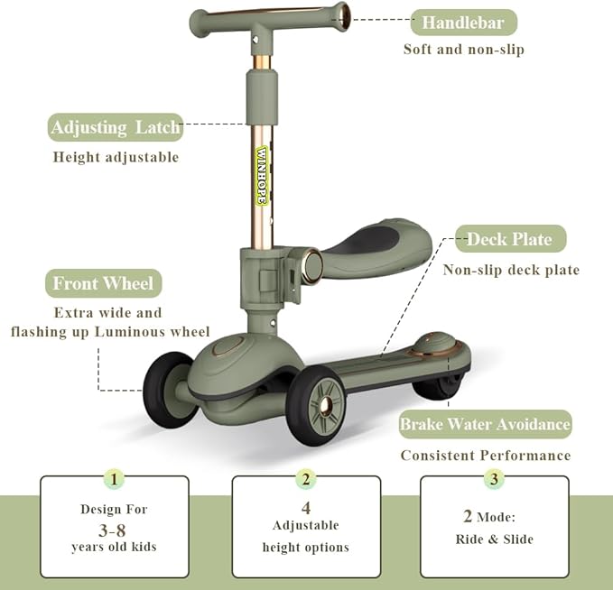 Winhope Kick Scooter for Kids, 2-in-1 Kick Scooter with Wide Deck,Folding 3 Wheel Children Scooter Outdoor Ride-On Toys for Boy Girl Aged 3-8