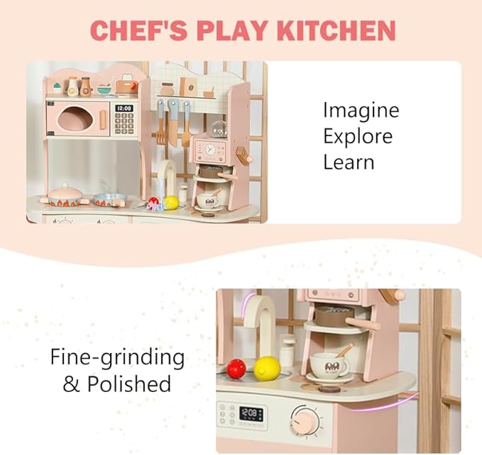 Play Kitchen for Kids - Wooden Pretend Play Kitchen Set Toy with Washing Machine and Coffee Grinder, Toys Kitchen Gift for 3+ Year Old Kids, Girls & Boys