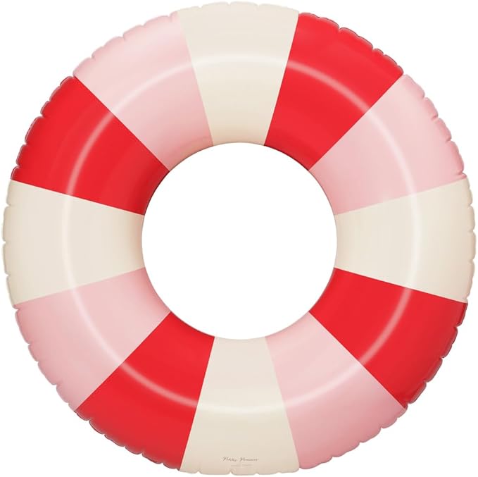Petites-Pommes Pool Water Tubes for Adults - Durable Inner Tube, Handprinted Classic Striped Design Inflatable Ring, Soft Comfort Seaming, Packable Floats for Travel, Red & Pink, 47 inch