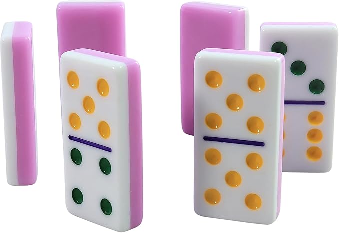 Dominoes Set for Adults, Double 6 Dominos Game Set with 28 Domino Tiles Double with Upscale Gift Boxes -7 Polyhedral Dice -Classic Board Games (Pink)