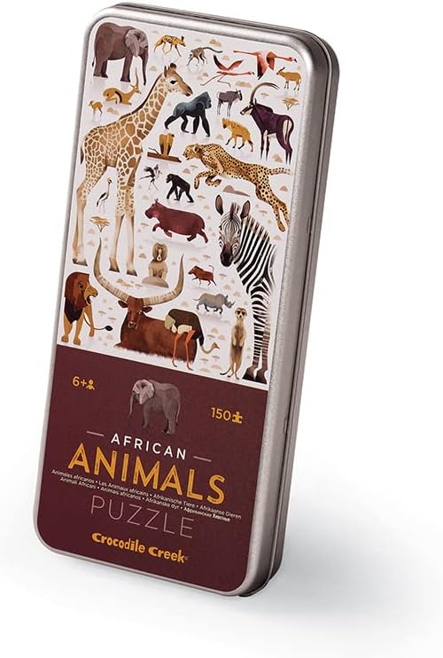 Crocodile Creek 150-Piece Jigsaw Floor Puzzle - Fun Puzzles for Kids Ages 6-8 and Up - Heavy-Duty Storage Keepsake Tin - African Animals - 12" x 8" Finished