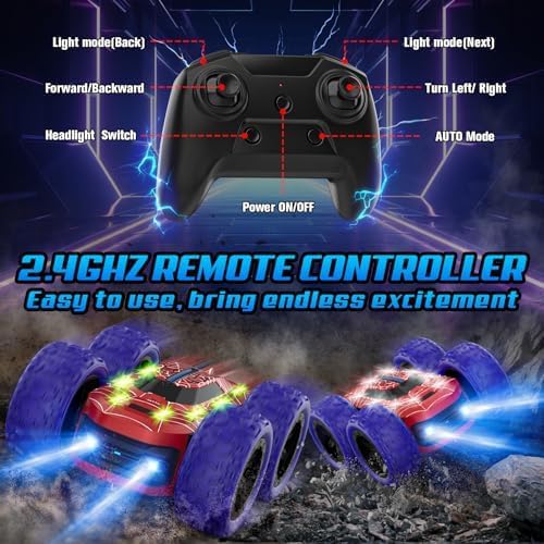 Remote Control Car for Boys, RC Cars for Kids with Colorful LED Lights, 2.4Ghz Double Sided 360° Flips 4WD Stunt Car, Rechargeable Toy Cars for Boys Girls Ages 4-6 5-7 6-8 8-12 Birthday Gift