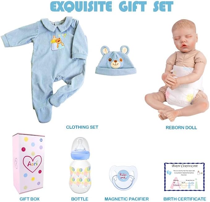 Aori Reborn Baby Dolls Boy - 18 Inch Realistic Sleeping Newborn Doll Soft Cloth Body Handmade Lifelike Baby Doll with Outfit Set - Weighted Baby Boy for Role Play, Gift for Kids 3+