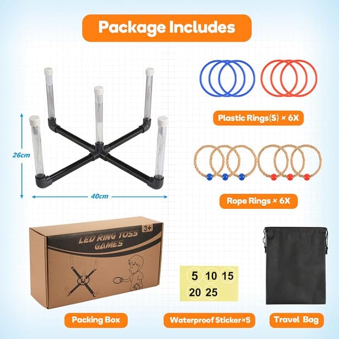 Outdoor Games for Kids 3-12: FunforFun! LED Ring Toss Game with 18 Rings Boys Girls Toys Age 5 6 7 8 9 Yard Games for Family Outside Toys for 10 11 12 13 14 Years Old Boys Gifts for Kid Age 8-12