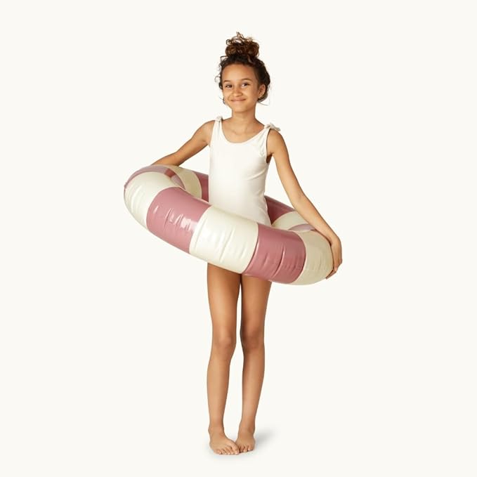 Petites-Pommes Floats for Kids - Durable Inner Tube, Handprinted Classic Striped Design Children's Swim Rings, Soft Comfort Seaming, Packable Floats for Travel, Vintage Pink, 35 inch