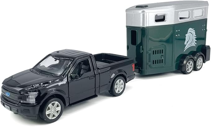 F-150 Pickup Truck Trailer Towing Horse Transporter Farm Trailers, Doors Open, 1/36 Scale Model Car Diecast Metal Toy Cars, 3 4 5 6 7 Year Old Kids Boys Gifts, Cake Topper Home Office Décor Collection