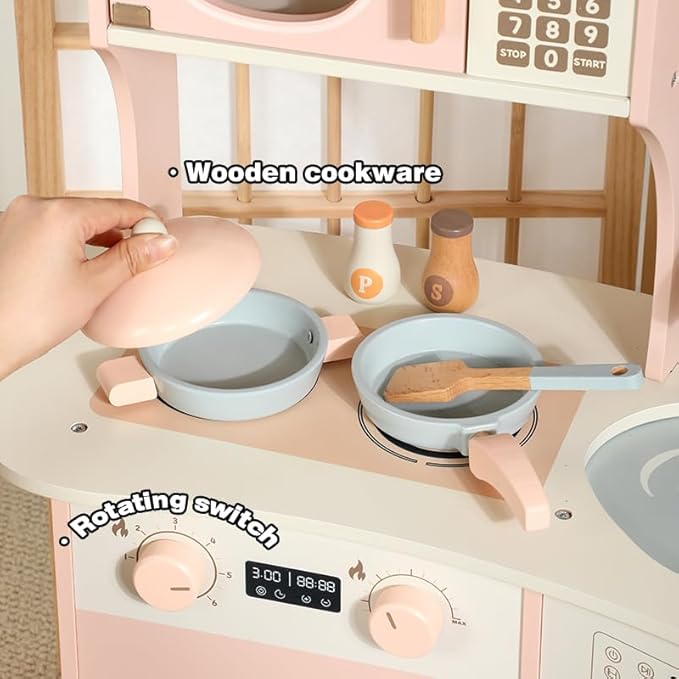 Play Kitchen for Kids - Wooden Pretend Play Kitchen Set Toy with Washing Machine and Coffee Grinder, Toys Kitchen Gift for 3+ Year Old Kids, Girls & Boys