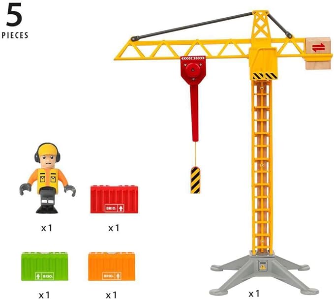 BRIO 33835 Construction Crane with Lights | Premium Wooden Toy Train Set | Ideal for Kids Age 3 and Up | Built with Sustainable Materials | Yellow