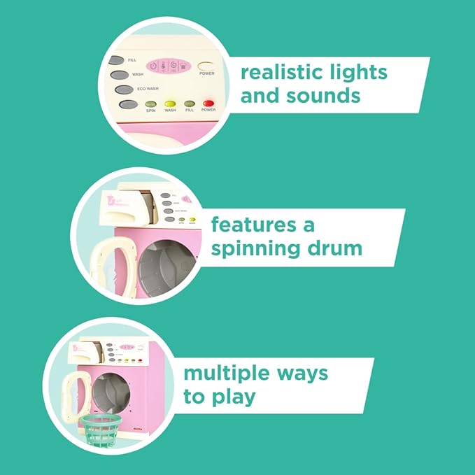 Casdon Pink Washer | Pink Toy Washing Machine for Children Aged 3+ | Features Spinning Drum & Sound Effects for Realistic Play!