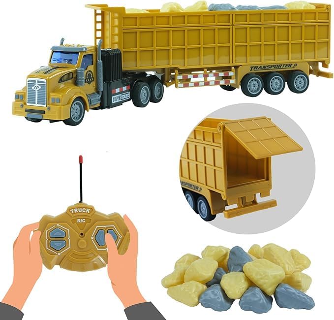 Remote Control Semi Dump Truck with Trailer Includes Simulated Stones, 14" 1:48 Trailer Dump Truck Toy, Equipped with 2 Rechargeable Batteries, Gifts Ideas for Boys Age 3-8 Year Old