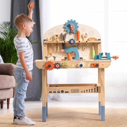 ROBUD Large Wooden Play Tool Workbench Set for Kids Toddlers, Construction Workshop Tool Bench Toys Gift, Multicolor