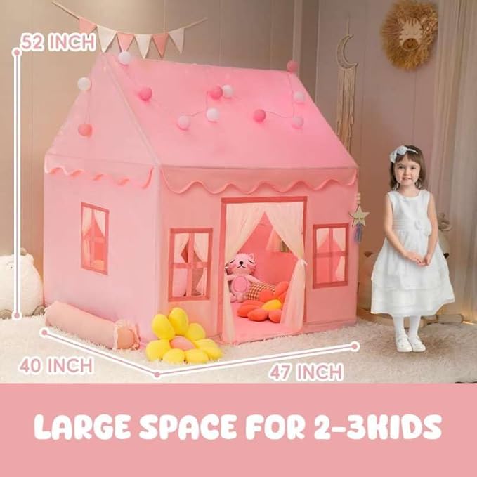 Large Kids Tent Playhouse Basic Mat with Star Lights, Flags and Tote Bags, Kids Play Tent Indoor & Outdoor, Washable Teepee Tent for Boys & Girls, Kids Play House for Toddler（Pink）