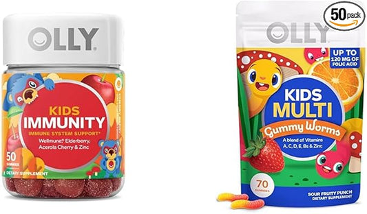 OLLY Kids Immunity Gummy, Immune Support, Wellmune, Elderberry, Vitamin C, Zinc, Chewable Supplement, Cherry - 50 Count & Kids Multivitamin Gummy Worms, Overall Health and Immune Support