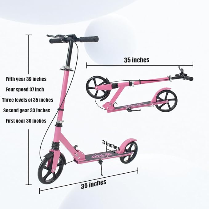 Dual-Brake Shock-Absorbing Kick Scooter, Anti-Skid PU Wheels, 4 Height-Adjustable Positions, Wider Pedals, Suitable for Children Over 6 Years Old, Teenagers & Adults