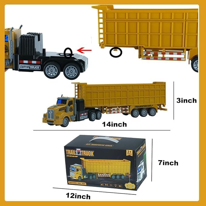 Remote Control Semi Dump Truck with Trailer Includes Simulated Stones, 14" 1:48 Trailer Dump Truck Toy, Equipped with 2 Rechargeable Batteries, Gifts Ideas for Boys Age 3-8 Year Old