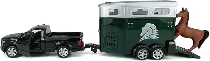 F-150 Pickup Truck Trailer Towing Horse Transporter Farm Trailers, Doors Open, 1/36 Scale Model Car Diecast Metal Toy Cars, 3 4 5 6 7 Year Old Kids Boys Gifts, Cake Topper Home Office Décor Collection