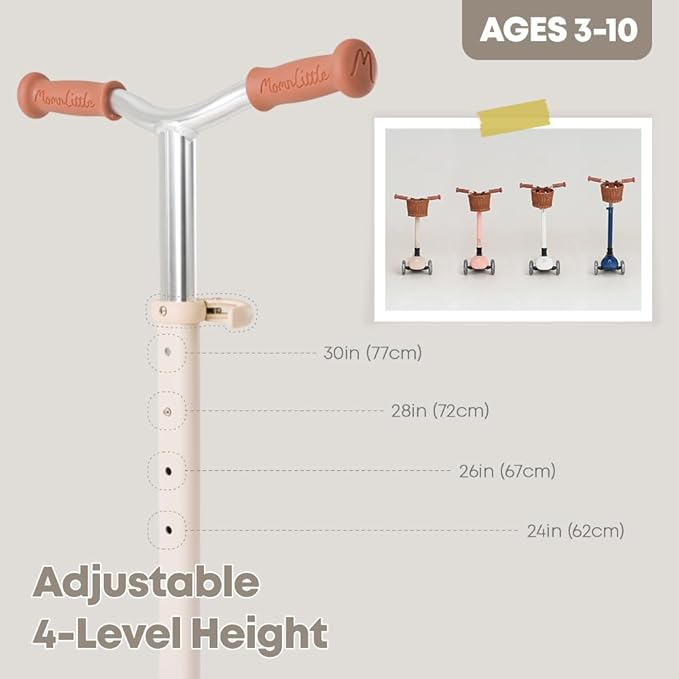 MomnLittle Kick Scooter for Kids Ages 3-10 (Beige/Pink/Navy/White) 3 Wheeled with LED Light-Up Wheels CPSC Certified Foldable and 4 Height Adjustable Toddler Scooters for Boys Girls