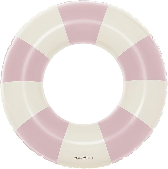 Petites-Pommes Donut Pool Float for Kids & Toddlers - Durable Inner Tube, Handprinted Classic Striped Design Swimming Tube, Soft Comfort Seaming, Packable Floats for Travel, Baby Pink, 24 inch
