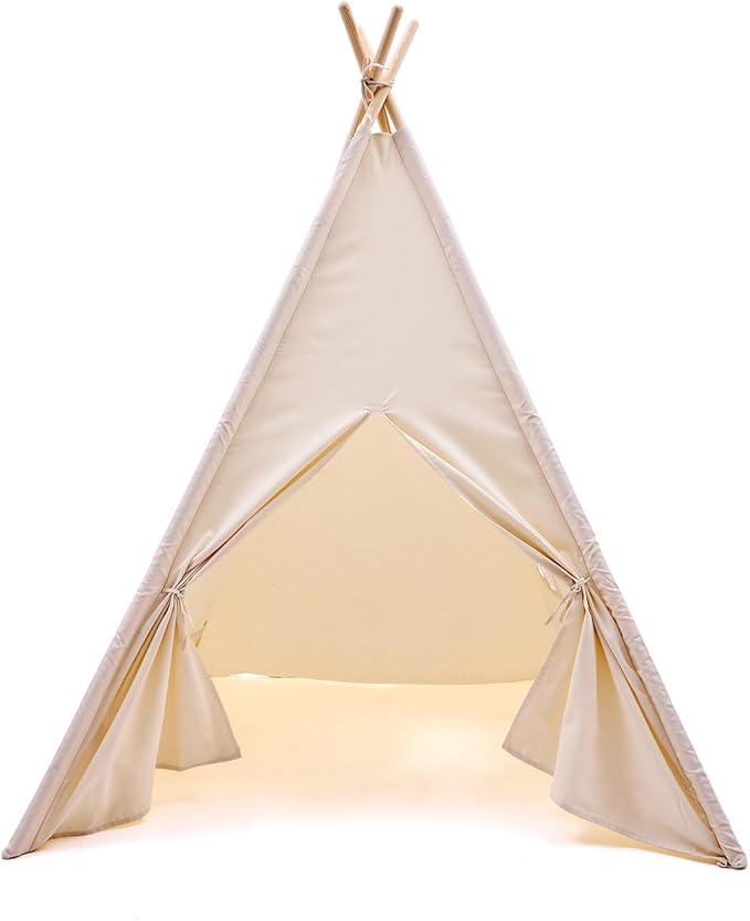 Kids Play Teepee Tent with Carry Bag 43 x 43 x 63 Inch, Natural Cotton Canvas + Pine Wood Frame