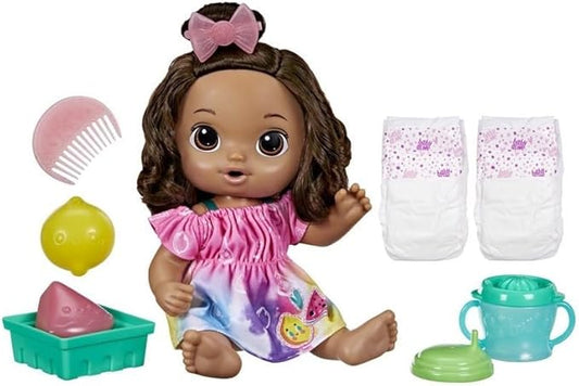 Baby Alive Fruity Sips Doll, Lemon, Toys for 3 Year Old Girls, 12-inch Baby Doll Set, Drinks & Wets, Pretend Juicer, Kids 3 and Up, Brown Hair
