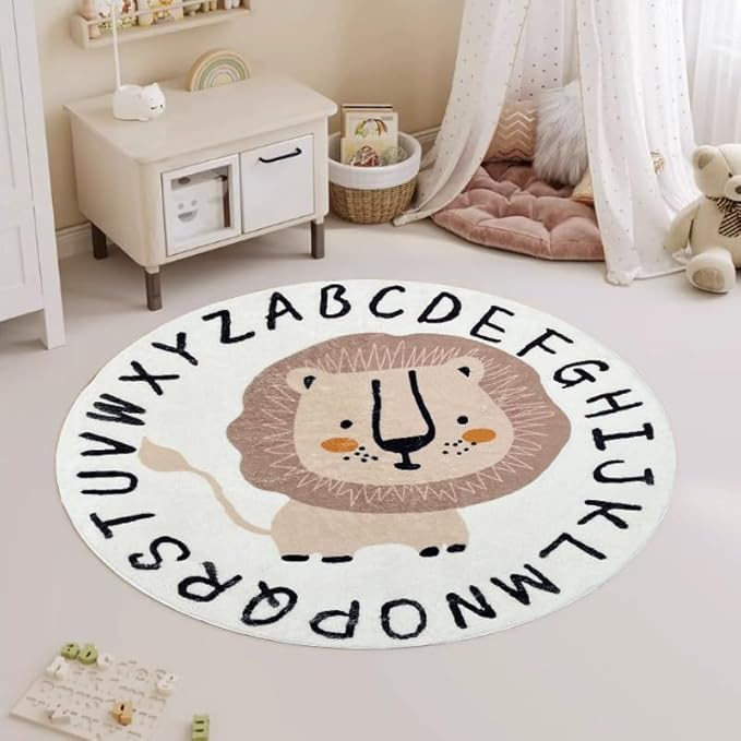 Poowe Cute Lion ABC Kids Play Mat Baby Nursery Rug Round Educational Alphabet Soft Area Rug Non Slip for Children Toddlers Bedroom (Round 47.2", ABC Lion)