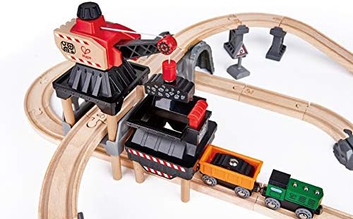 Hape Crane and Cargo Train Set | Wooden Railway Toy Set with Magnetic Crane, Button Operated Loader and Adjustable Rail Signal