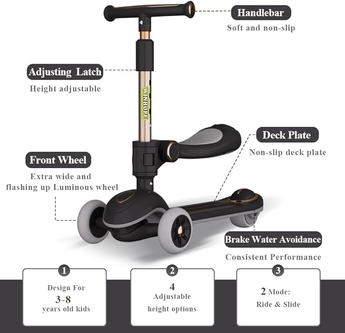 Winhope Kick Scooter for Kids, 2-in-1 Kick Scooter with Wide Deck,Folding 3 Wheel Children Scooter Outdoor Ride-On Toys for Boy Girl Aged 3-8