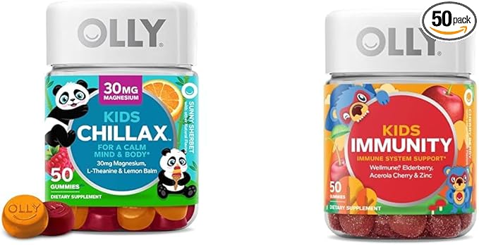 OLLY Kids Chillax, Magnesium Gummies Plus L-Theanine, Lemon Balm & Kids Immunity Gummy, Immune Support, Wellmune, Elderberry, Vitamin C, Zinc, Chewable Supplement, Cherry - 50 Count