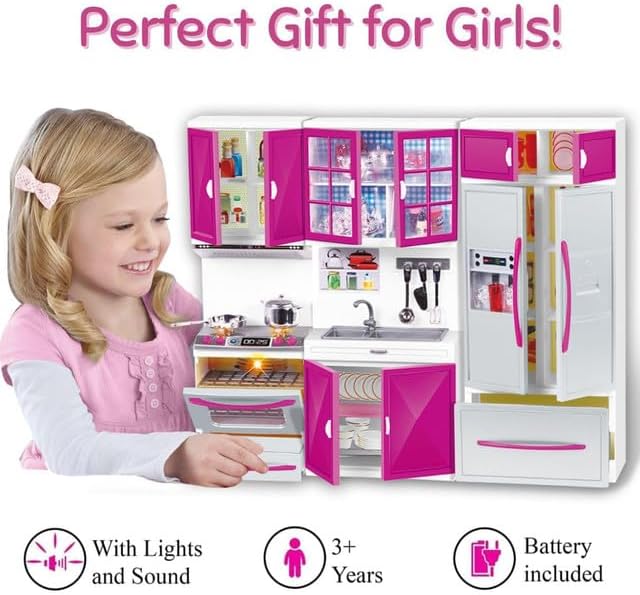 Doll Kitchen Playset for Kids, My Modern Mini Kitchen House Furniture Pretend Play Toy Accessories Set with Realistic Lights & Sounds for Toddlers, Girls (3-in-1)