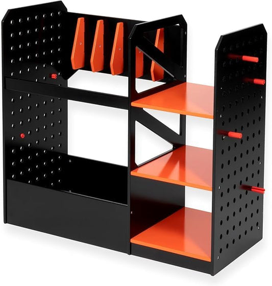 Play Platoon Storage Rack for Nerf Gun Storage & Nerf Accessories, Sturdy Wood Construction, Dart Holder & 6 Gun Holder for Wall with Pegboard Wall Organizer, Includes 20 Pegs