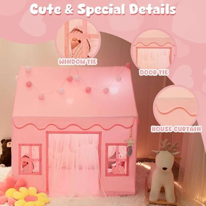 Large Kids Tent Playhouse Basic Mat with Star Lights, Flags and Tote Bags, Kids Play Tent Indoor & Outdoor, Washable Teepee Tent for Boys & Girls, Kids Play House for Toddler（Pink）