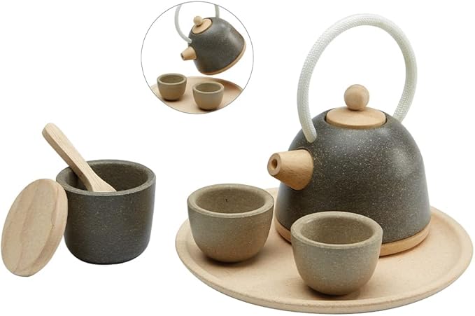PlanToys Wooden Classic Styled Tea Party Set for a Pretend Play Tea Party (3617) | Sustainably Made from Rubberwood and Non-Toxic Paints and Dyes | Eco-Friendly PlanWood