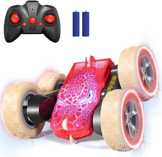Remote Control Car 2.4GHZ All Terrain RC Monster Cars for Boys Girls Age 4-7 Double Sided 360° Rotation RC Stunt Cars with Light Dinosaur Toys for Kids 5-7 Chrismas Birthday Gifts