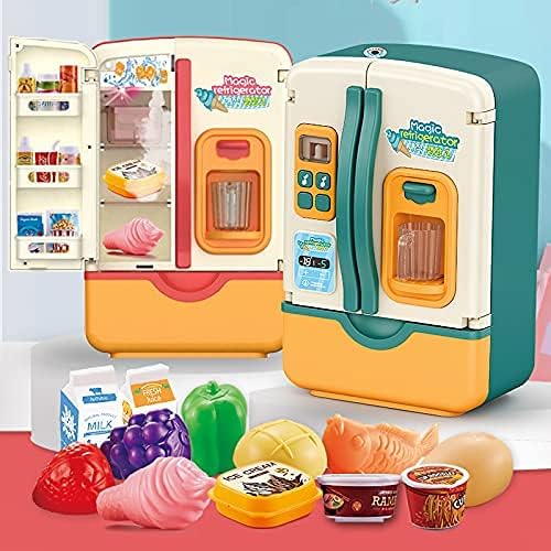 Kitchen Toys Fridge Refrigerator with Ice Dispenser Pretend Play Appliance for Kids, Play Kitchen Set with Kitchen Playset Accessories for Boys & Girls Music and Light