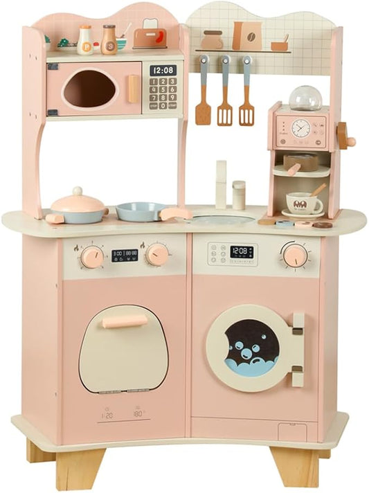 Play Kitchen for Kids - Wooden Pretend Play Kitchen Set Toy with Washing Machine and Coffee Grinder, Toys Kitchen Gift for 3+ Year Old Kids, Girls & Boys