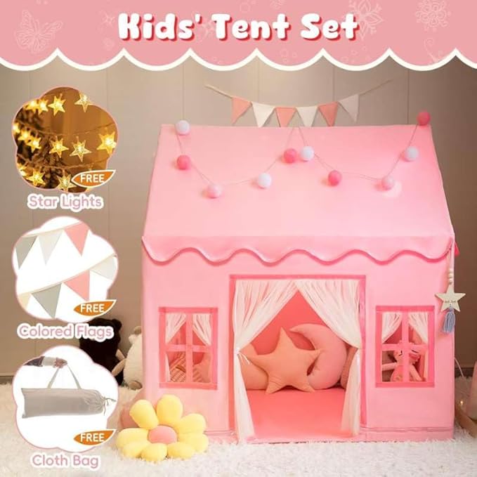 Large Kids Tent Playhouse Basic Mat with Star Lights, Flags and Tote Bags, Kids Play Tent Indoor & Outdoor, Washable Teepee Tent for Boys & Girls, Kids Play House for Toddler（Pink）