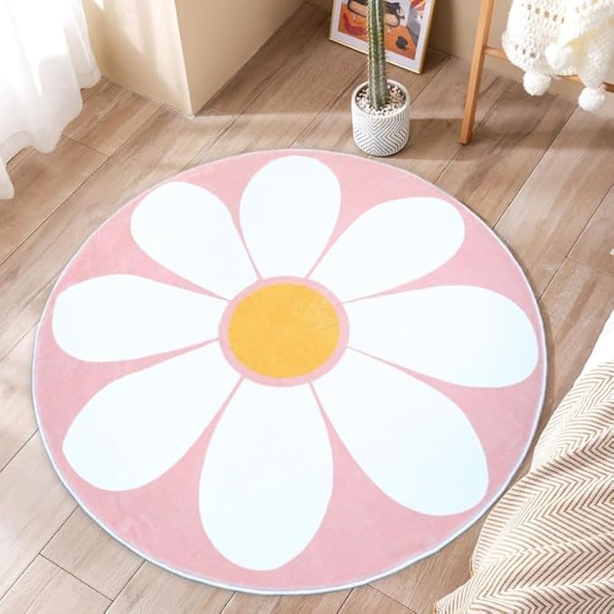 Poowe Round Kids Playroom Rug - Soft Alphabet Nursery Rug for Bedroom - Playtime Collection, Learning & Game Carpet for Classroom, Best Shower Gift for Infant Toddlers (Round 39.4", Pink Flower)
