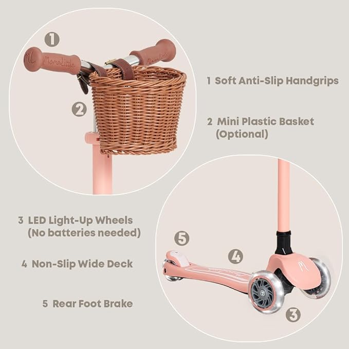 MomnLittle Kick Scooter for Kids Ages 3-10 (Beige/Pink/Navy/White) 3 Wheeled with LED Light-Up Wheels CPSC Certified Foldable and 4 Height Adjustable Toddler Scooters for Boys Girls